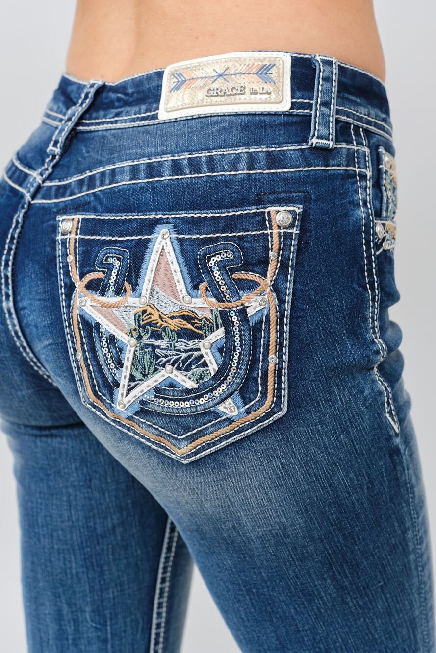 Grace in LA Women's Western Star Horseshoe Embellished Bootcut Stretch Jeans